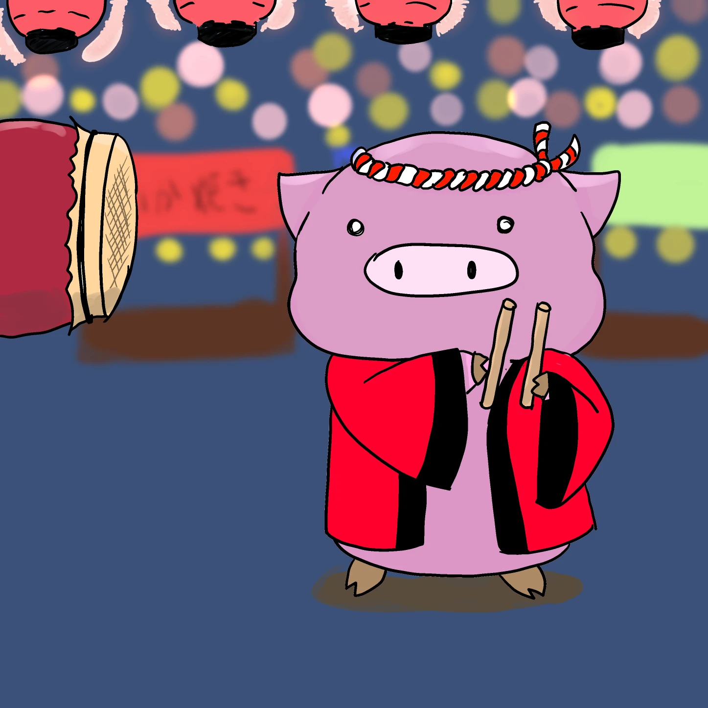 太鼓をたたくぶたちゃんです🎆