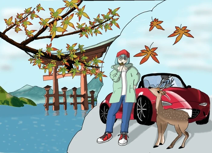 🦌鹿と車と紅葉と🚘