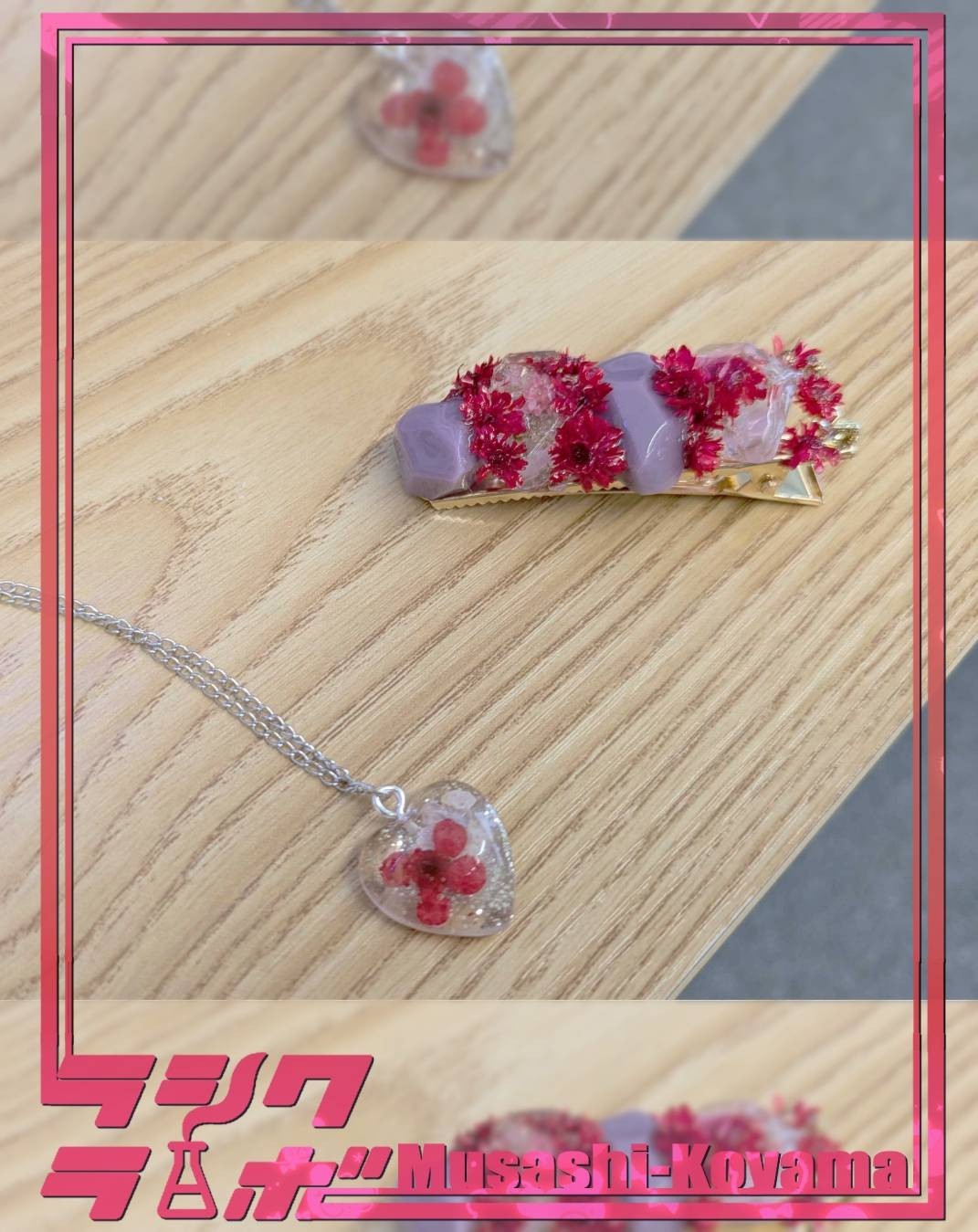 赤いお花のブレスレットとヘアピンはな